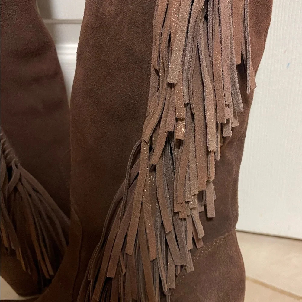Reba Brown Leather Fringe Boots (All Leather Upper)Fringe on the side. - Picture 6 of 16